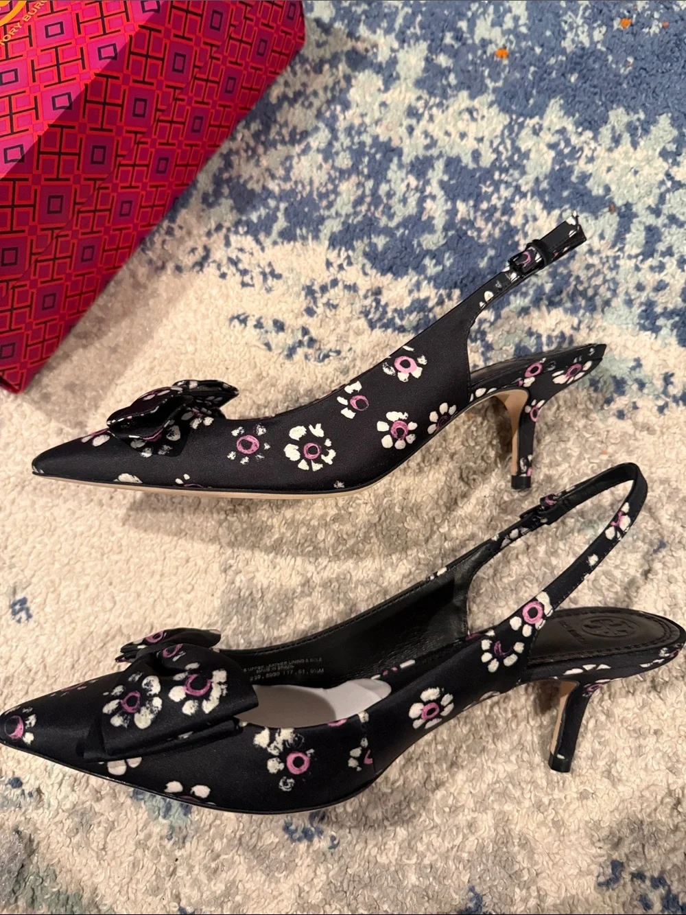 Tory Burch Black Floral Bow Pointed-Toe Slingback Heels size 9.5 brand new